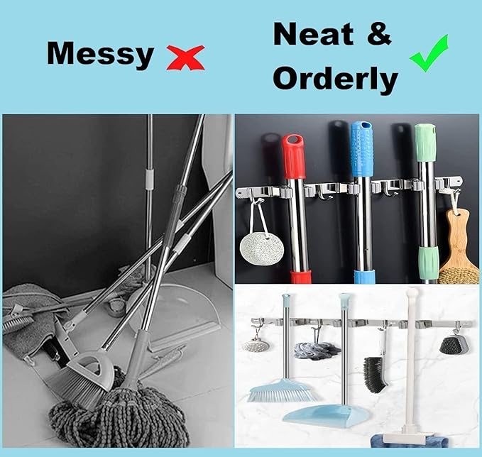 Mop Broom Holder Wall Mount Heavy Duty Adhesive Tools Organizer Rack Stainless Steel with 4 Positions 5 Hooks for Utility Room, Garage, Laundry, Garden, Kitchen, Bathroom, Toilet and Office