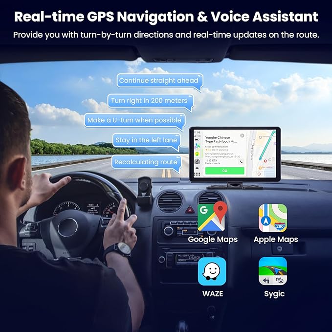 Wireless Portable Carplay Screen with 4K Dash Cam, 9" HD Touch Screen with A-pple Carplay & Android Auto Car Stereo, with 1080p Backup Camera, GPS Navigation/Mirror Link/Voice Control/Bluetooth