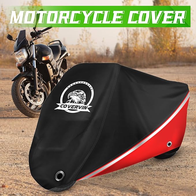 COVERVIN Motorcycle Cover, All Weather Outdoor Waterproof Night Protection with Reflective Strips, Locking Holes and Storage Bag for 86 Inch Suzuki, Kawasaki, Honda, Harley-Davidson(Red M)
