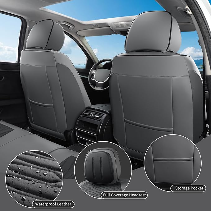 Car Seat Covers Full Set, Leather Seat Covers for Cars, Car Seat Protector Waterproof, Non-Slip Car Interior Covers Fit for Most Cars, SUV, Vans, Trucks,2Seaters,Full Set,Gray-Black,COMFDRIVE-A03