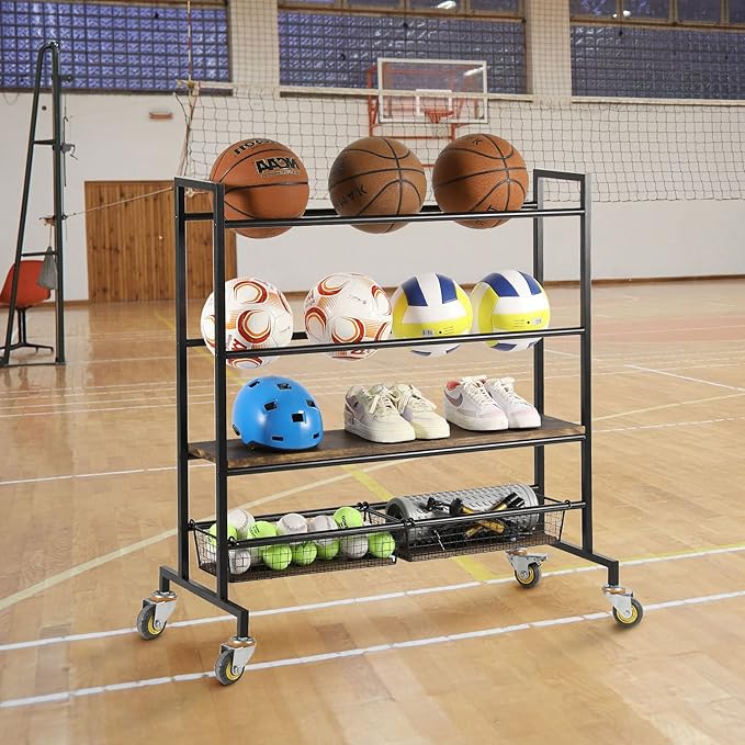 MyGift Sports Ball Organizer for Garage with Wheels, 4 Tier Large Heavy Duty Basketball Holder Stand, Black Metal Sports Equipment Storage Rack with Burnt Solid Wood Shelf, and 2 Basket Training Equip