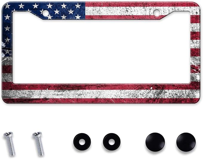 Vintage American Flag License Plate Frame, Retro USA Flag License Plate Holder Covers, Metal Aluminum Rustproof License Plate Frame Car Accessories for Women Men 2 Holes with Screw Caps