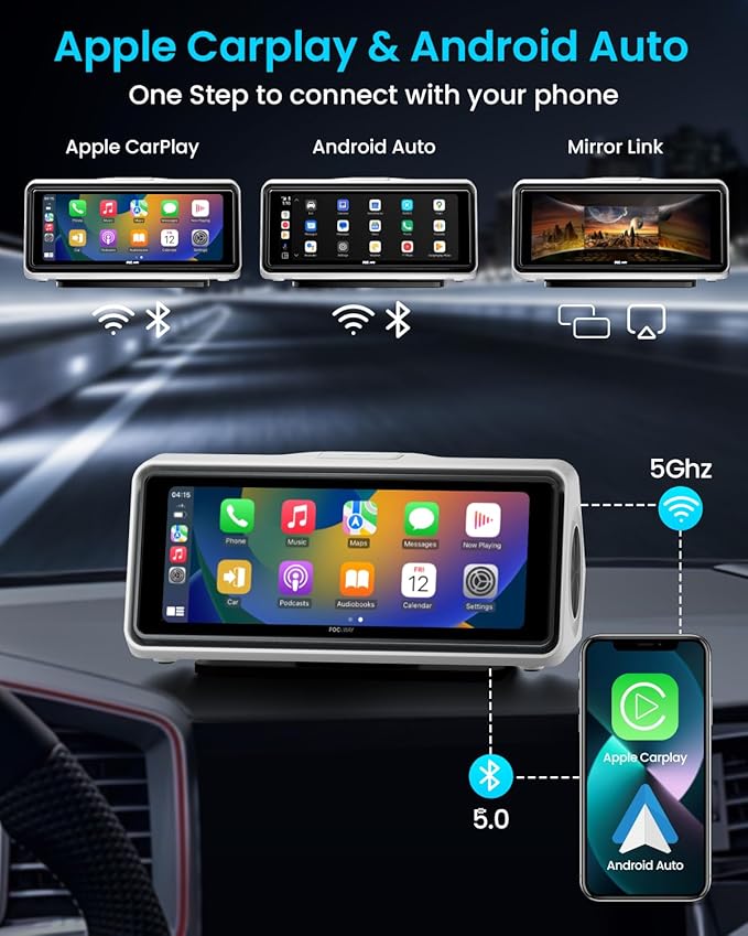 Portable Apple Carplay Screen for Car, Touch Screen with Wireless Android Auto, Car Audio Receivers with Voice Control, Mirror Link, Music Play, GPS Navigation, Built-in Customized Speakers (White)