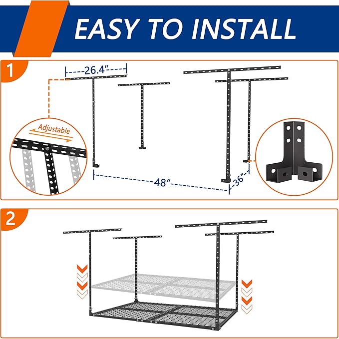 3 x 4FT Overhead Garage Storage Rack, Adjustable Ceiling Storage Racks, Garage Shelving Heavy Duty Storage Organizer System, 400lbs Weight Capacity (Black)