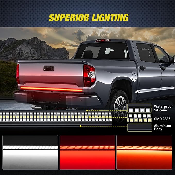 Nilight Truck Tailgate Light Strip 48" Aluminum Frame Triple Row 780 LED Bar with Red Running Brake Sequential Turn Signals Strobe Lighting White Reverse