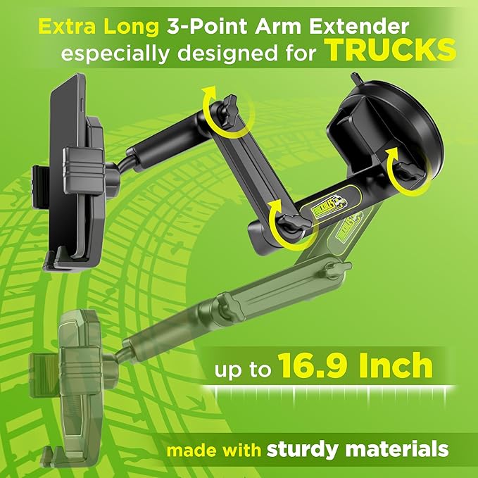 Phone Mount for Truck Phone Holder for Truck - Heavy Duty Suction Cup + Dashboard Pad, Mobile Device Holder for Dashboard Window 16.9 inch Long Arm, iPhone Samsung Compatible, Big Rig Trucker, Black