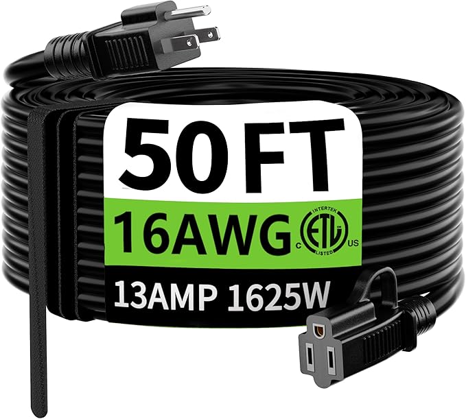HUANCHAIN Indoor Outdoor Black Extension Cord 50 ft Waterproof, 16/3 Gauge Flexible Resistant Appliance Extension Cord Outside, 13A 1625W 16AWG SJTW, 3 Prong Heavy Duty Electric Cable, ETL Listed