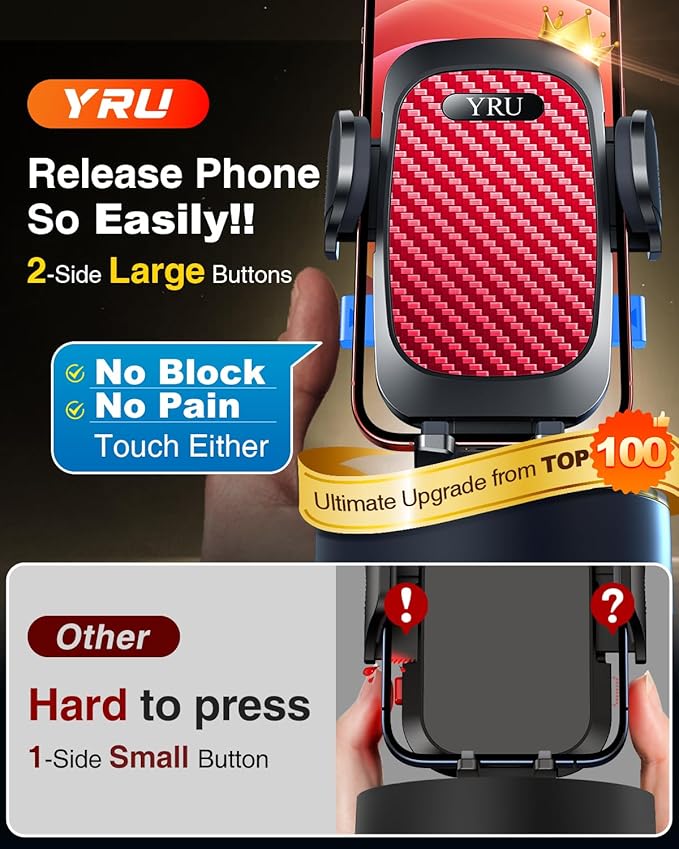 YRU [True Military-Grade & 360 Degrees Rotatable Suction 2025 Ultimate Car Phone Holder Mount 【90+LBS Safest Strongest & Patent Certs】 Dashboard Windshield Vent for iPhone 16 15 Pro Max Samsung, Red