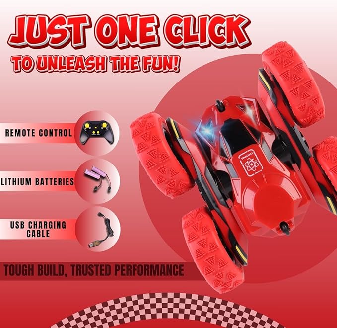 All-Round Drive Stunt RC Car - 360° Spins, High-Speed Off-Road with LED Headlights, 2 Rechargeable Batteries, AAA Remote Batteries, All-Terrain for Kids 6+ & Adults (Red)