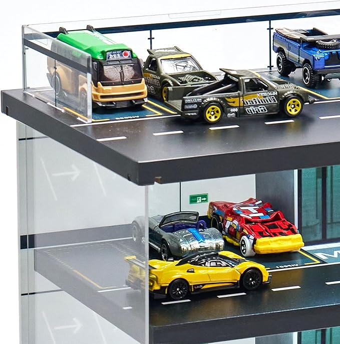 Display Case Compatible with Hot Wheels Garage & Matchbox Cars with LED Light 1/64 Scale Diecast Toy Cars Storage Case 5 Level Holds Max 75 Cars Storage Case for Hot Wheels Garage Gifts for Collector