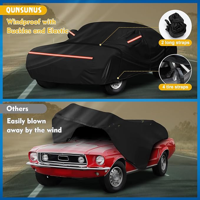 QUNSUNUS 6 Layer Car Cover for Ford Mustang 1964-1968 Waterproof All Weather 210D Windproof for Ford Mustang Car Cover Hail Protection with Zipper