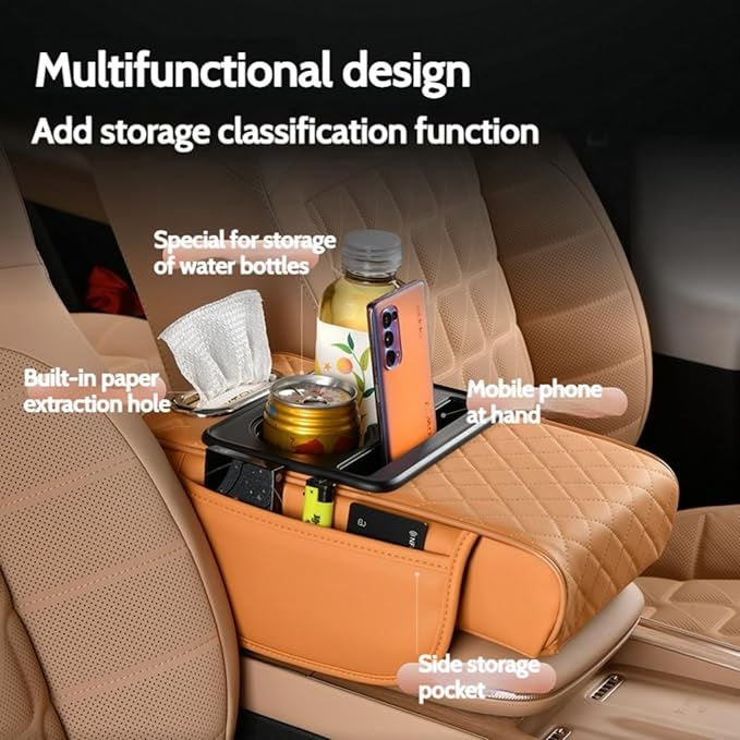Car Center Console Cover Booster Multifunctional Car Center Console Cushion Pad with Cup Holder & Tissue Box & Side Pockets Arm Rest Cover for Car, Embossed, Black
