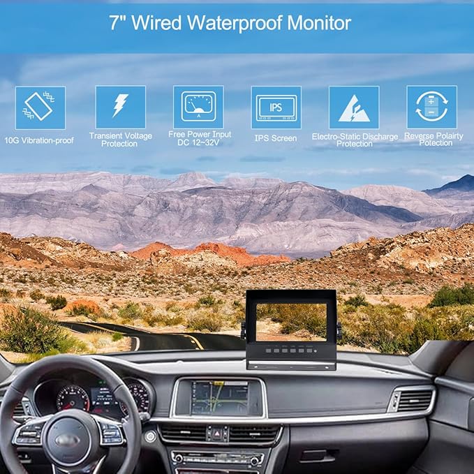 7" 1080P AHD Wired Reverse Rear View Backup Two-Camera System,Guide line, IP69K Waterproof Monitor& Camera, Night Vision, Vibration-proof 10G for Tractor/Truck/Excavator/Van/Skid Steer/Heavy Equipment