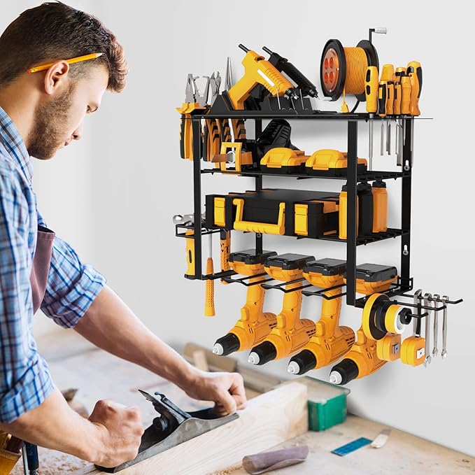 4 Layers Power Tool Organizer Wall Mount for Fathers Dad, 4 Cordless Drill Holder Garage Organization Heavy Duty Metal Loads 200LBS, Garage Shelving for Tool Storage, Tool rack for Men