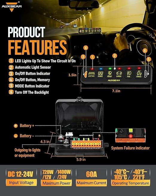 Auxbeam 6 Gang Slim Switch Panel Bluetooth RGB AS-600 with APP&Remote Control Toggle Momentary Pulsed Switch Pod Off Backlight for Truck Offroad UTV ATV Car Marine 12-24V Waterproof, 2 Years Warranty