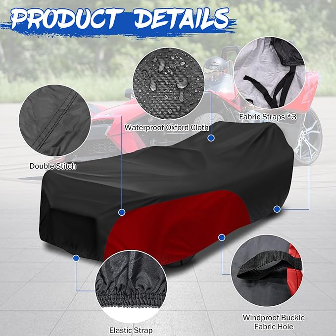 Full Cover for Polaris Slingshot,Waterproof Windproof Sunproof Outdoor Protection Compatible with Slingshot/S/SL/SLR/SLR LE,with Fabric Straps,Black&Red