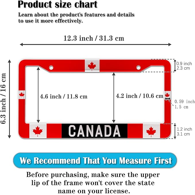 License Plate Covers Red, Black, White License Plate Frames Canada Flag Universal Aluminum Car Accessory 2 Pack with Screw Covers Set