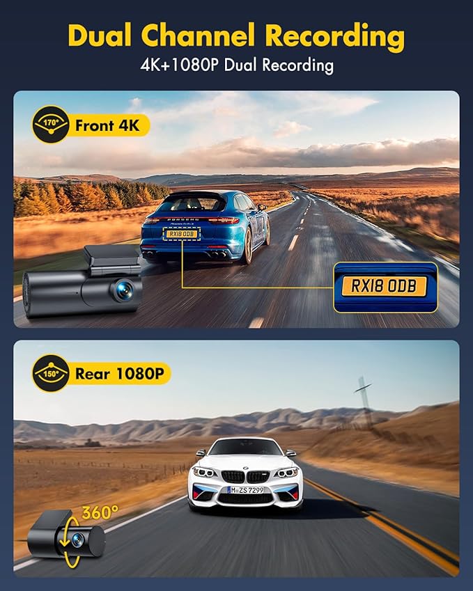 GKU Dash Cam Front and Rear Camera – 4K+1080P Dual Dash Camera for Cars with 64GB SD Card, 5GHz WiFi & App Control, Night Vision, Parking Mode, G-Sensor, Loop Recording, WDR, 170° Wide Angle