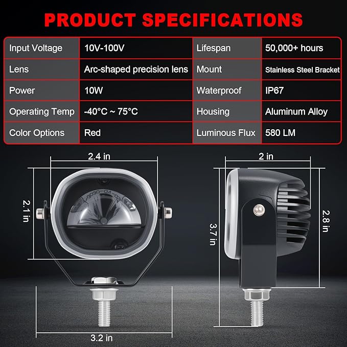 Forklift Arc Safety Light, LED Warning Lamp Red Line Projection, Aluminum Housing, Stainless Steel Bracket, for Industrial Truck, Lift Truck, AGV, Warehouse, Logistics
