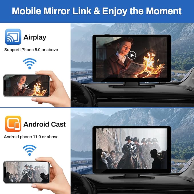 Wireless Carplay Screen for Car with 4K Dash Cam, 9" Portable Carplay & Android Auto, Component Subwoofer, Touchscreen with 1080p Backup Camera, GPS Navigation/Voice Control/BT/Mirror Link/FM
