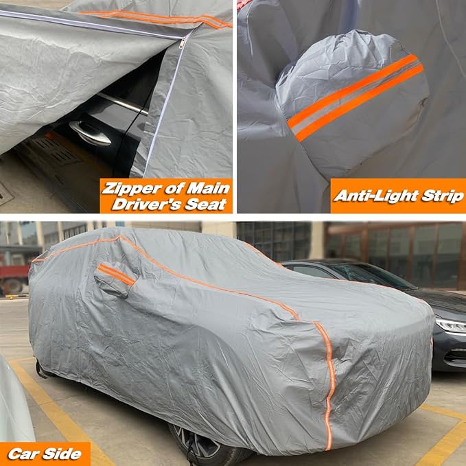 TUCAREST 6-Layers PEVA Premium Full Car Cover Fit for Sedan hatchback Pickup SUVs MPV Rain and snow protection, sun protection, UV protection, and protection of car paint surfaces-Silver Grey -Up 198"