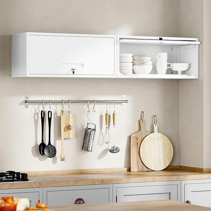 Yizosh Metal Wall Cabinet with Doors, Wall Mounted Storage Cabinet - Floating Tool Cabinet for Kitchen, Basement, Warehouse (White, 13.7" H)