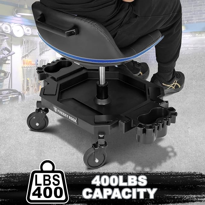 Rolling Stool with Wheels, Adjustable Height Pneumatic Garage Work Mechanic Stool Seat with Backrest, 400 LBS Capacity 360° Swivel Mechanic Crepper Chair with Tool Tray Storage, Gray