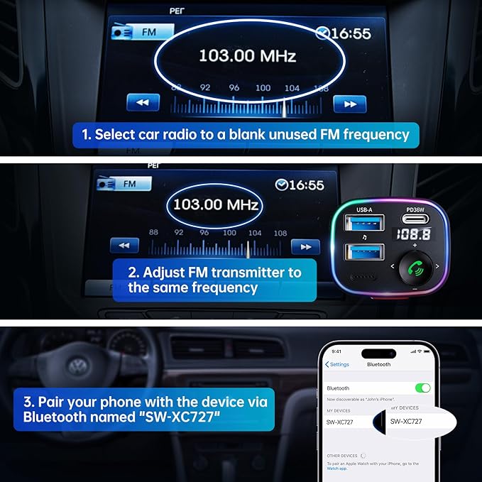 Syncwire Bluetooth 5.3 FM Transmitter Car Adapter 48W(PD 36W & 12W) [Light Switch] [Hi-Fi Deep Bass] [Fast Charging] Wireless Radio Music Adapter LED Display Hands-Free Calling Support USB Drive