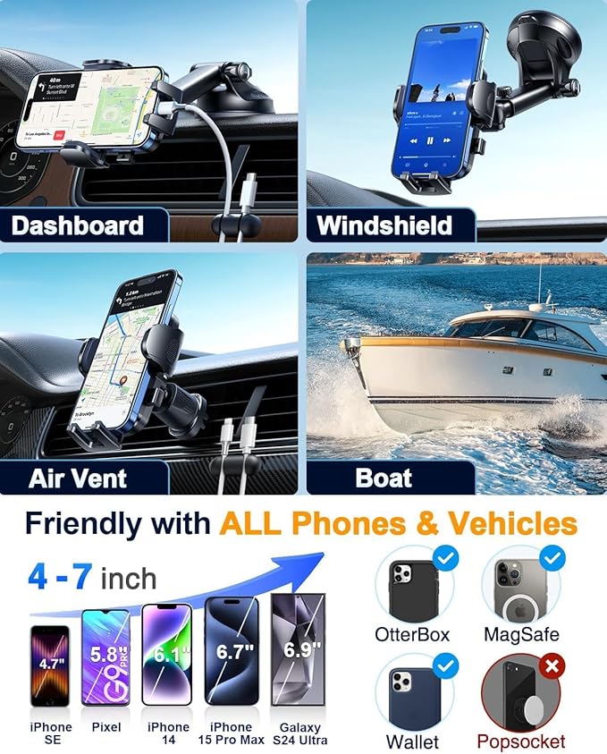 YRU [True Military-Grade & 360 Degrees Rotatable Suction 2025 Ultimate Car Phone Holder Mount 【90+LBS Safest Strongest & Patent Certs】 Dashboard Windshield Vent for iPhone 16 15 Pro Max Samsung, Red