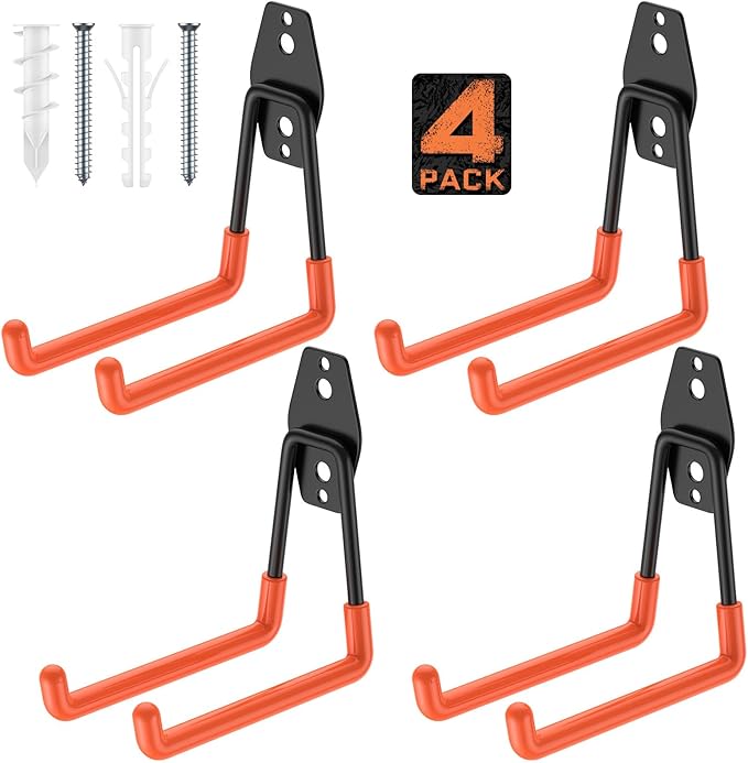 4 Pack 5.2x5.1 Inch Utility Steel Wall Mount Heavy Duty Garage Hooks with Anti-Slip Coating,Storage More Yard,Garden and Power Tools and for Hanging Hose,Ladder and Bike