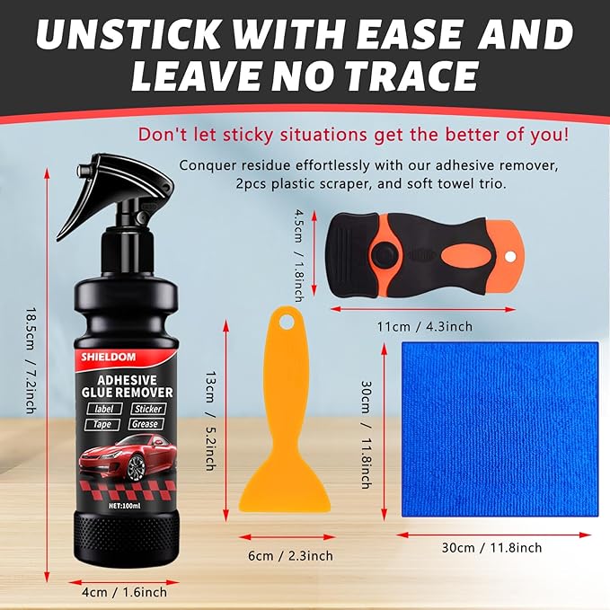 Adhesive Remover, Dissolve & Soften Adhesives on Car Glass & Paint, Easily Remove Glue Sticker Labels Decals Tape Residue, Portable Spray Removal Set with Scraper, Spatula, Towel -3.4oz/100ml