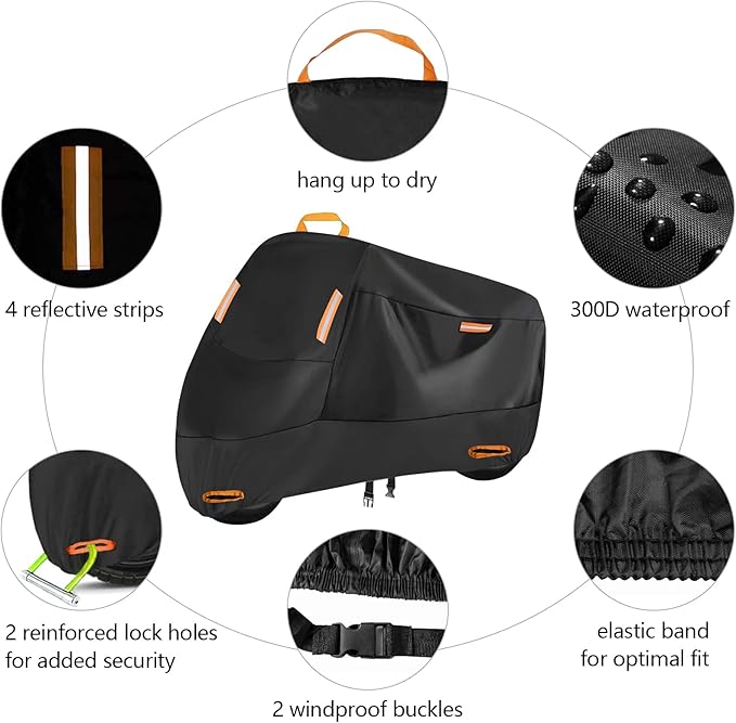 Seceles 300D Motorcycle Cover Waterproof Outdoor, All Season Protection Motorcycle Tarp Fit for Honda VTX 1300 C Fat Bob Kawasaki Vulcan 900 Kawasaki KLR 650 (3XL: 96" x 37" x 50")