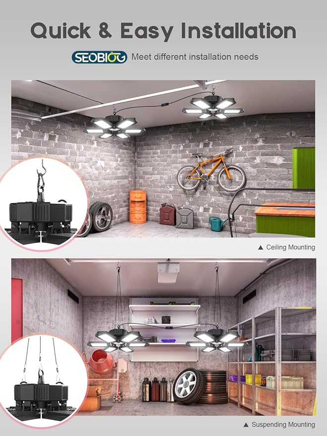 SEOBIOG Plug in Garage Light, 200W 20000LM Linkable Shop Light with On/Off Switch, 6500K Hanging LED Lights with 9.84ft Power Cord and US Plug, for Garage, Workshop,Work Bench