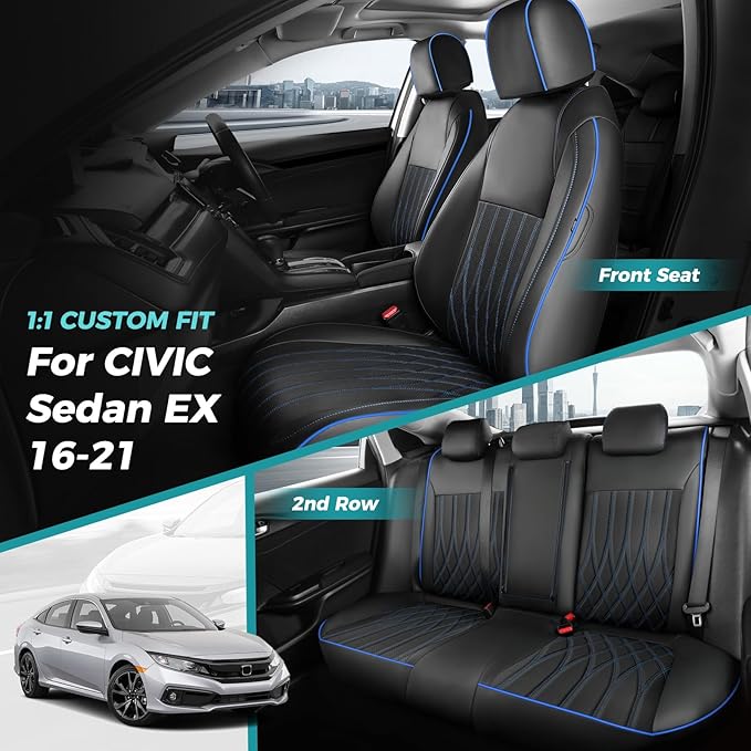 Seat Covers for Honda Civic Sedan EX-L, EX-T, EX, Touring, LX-P, Sport 2016 2017 2018 2019 2020 2021, Faux Leather Car Seats Cover Full Set(Rear Row 40/60 Split & Folding Backrest)-BlackBlue
