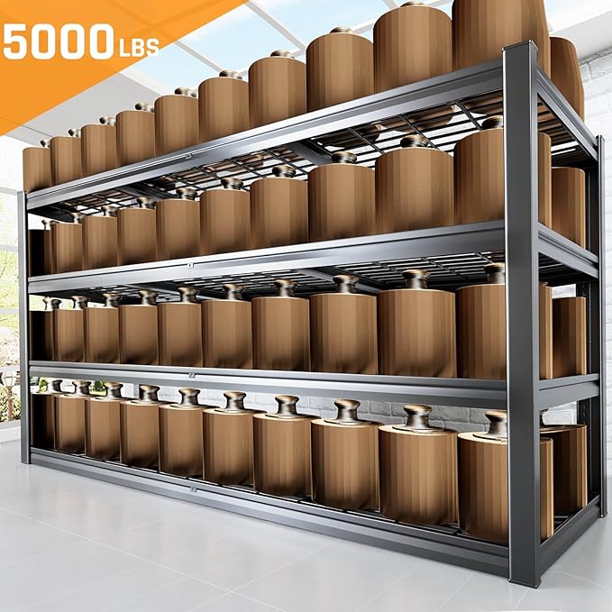 77" W Storage Shelves Heavy Duty Garage Shelving 4 Tier Metal Shelving Unit, Adjustable Shelves, 5000LBS Steel Industrial Shelving for Basement Warehouse Commercial, 77" W*24" D*72”H, Black
