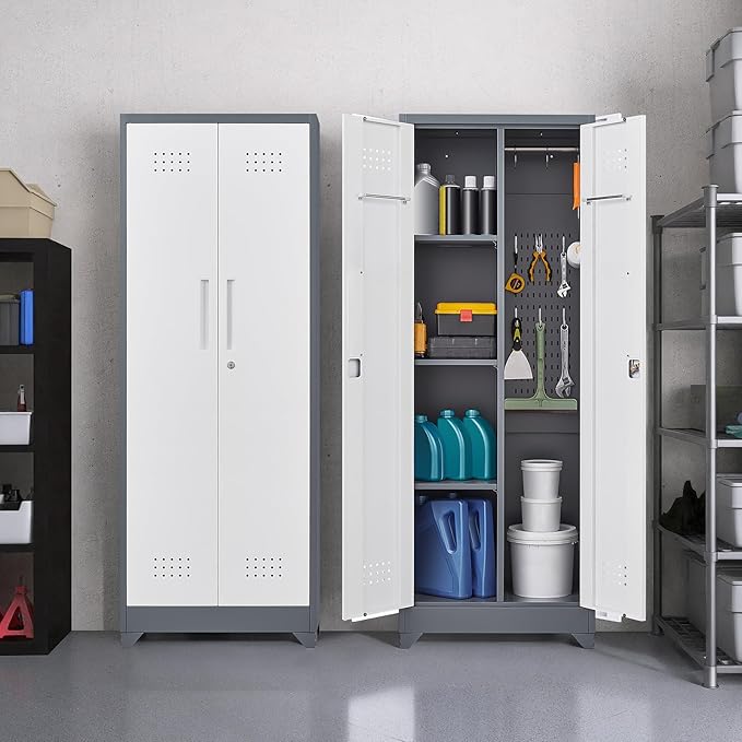 GREATMEET 65" Garage Storage Cabinet, Broom Closet Storage Cabinet, Metal Cabinets with Doors and Shelves, Utility Closet for Brooms and Mops, Utility Cabinets for Storage, Grey&White