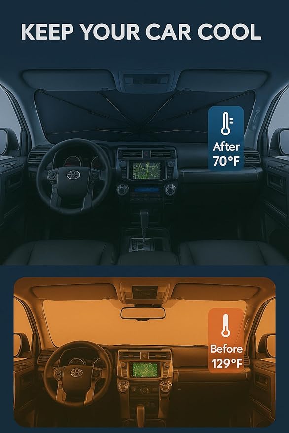 Proadsy Windshield Sun Shade Umbrella for Toyota 4Runner 2010-2024 Foldable Car Umbrella Sunshade with Soft TPU Handle Spring Structure Crystal Cooling Material Protect Car from Rays & Heat