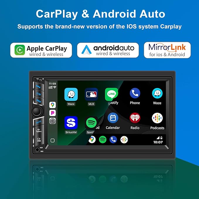 7 in Double DIN Car Stereo Radio with Wireless Apple CarPlay, Car Audio Receivers with Android Auto, 7" IPS Touchscreen, Car Stereo with Bluetooth, HD Backup Camera, FM Receiver, GPS,180W Audio Output