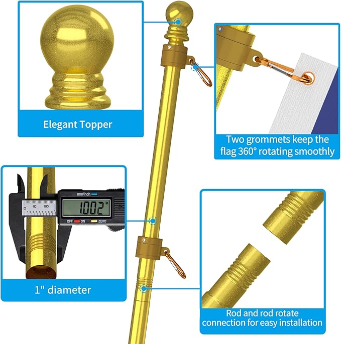 ZMTECH Flag Pole - Upgraded Bracket, 6 FT Stainless Steel Flag Poles for Outside House, Residential or Commerical, Tangle Free Flag Pole Kit for American Flag (Without Flag, Gold)