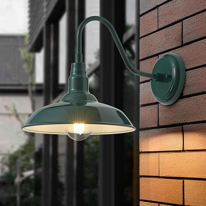 10'' Dome Outdoor Gooseneck Barn Light Fixture with Wall Mount, Green Exterior Porch Barn Door Lighting, Farmhouse Style Outside Porch Gooseneck Wall Sconce for Patio, Yard, Garage, House