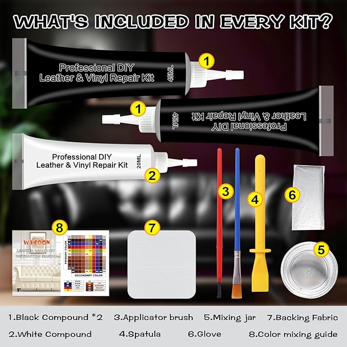 Black Leather & Vinyl Repair Kit, Fix Fading, Tears, Scratches, and Peeling on Leather and Vinyl Furniture, Car Seats, and Jackets, Easy Instruction with Color Mixing Guide