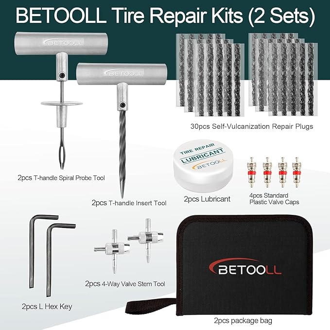 BETOOLL Tire Repair Kit, Sets of 2-24pcs Professional Heavy Duty Universal Emergency Flat Tire Repair Kit, for car Motorcycle, Truck, Golf Cart, ATV, Tractor, ARB, RV, SUV, Trailer etc.(Black)