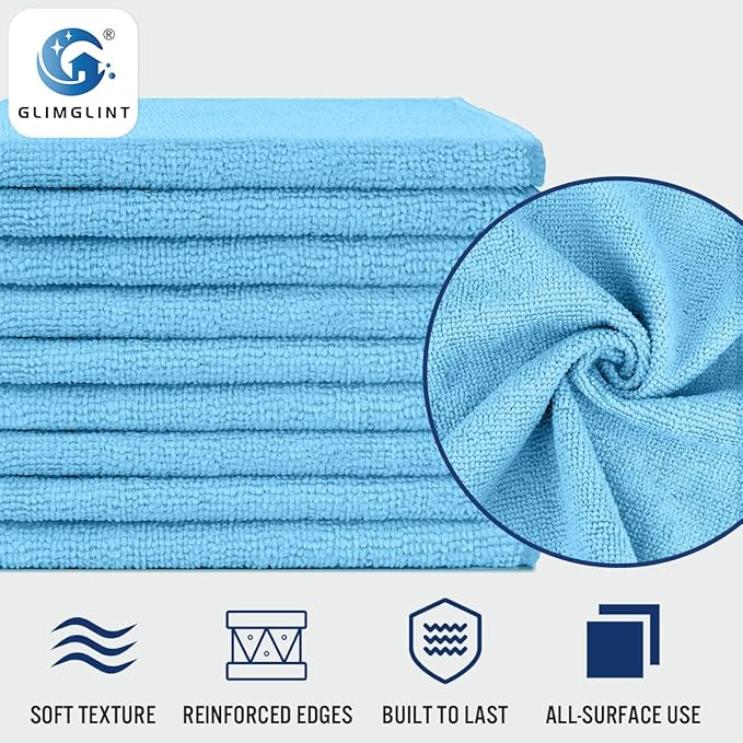 GLIMGLINT Blue Microfiber Cleaning Cloth, 12 Pack Cleaning Towels for Kitchen, Lint Free, Scratch-Free, Highly Absorbent, and Reusable Cleaning Rags for House, Window and Glass, Cars, 14"X12"