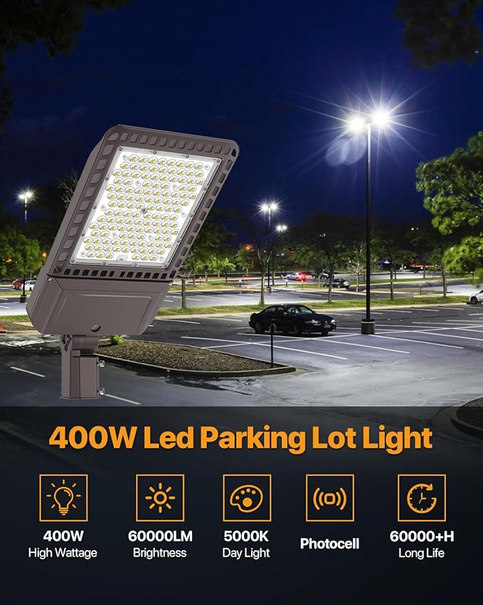 Led Parking Lot Light 400W 60,000LM Slip Fitter Street Pole Light with Dusk-to-Dawn Photocell 5000K 100-277V IP65 Waterproof Outdoor Commercial Area Lighting for Parking Lot, Roadways 2Pack