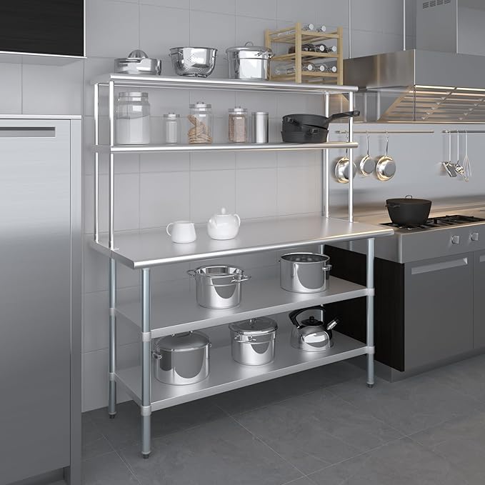 Amgood Stainless Steel Work Table with 2 Shelves | Metal Kitchen Prep Table & Shelving Combo (24" x 60" Table with 2 Shelves + 12" Overshelf)