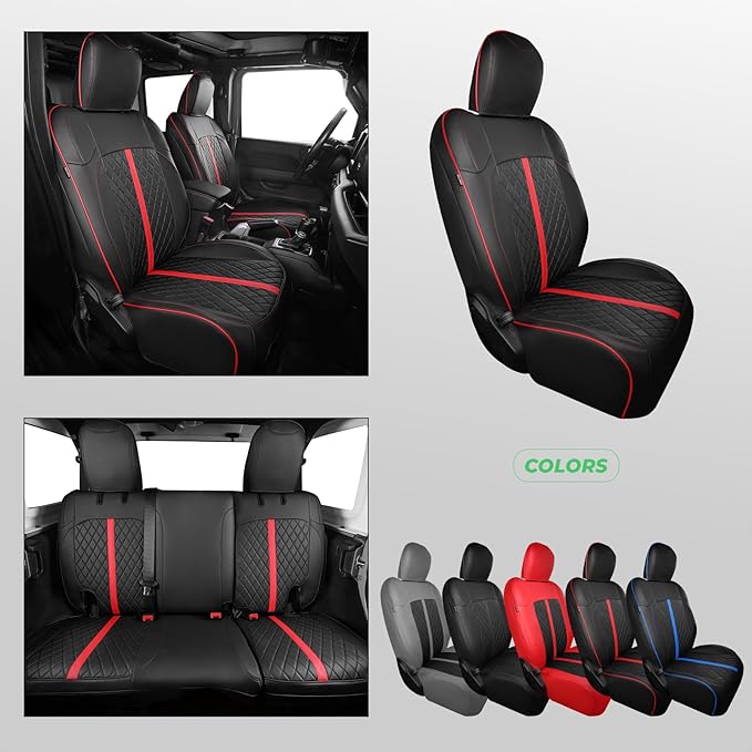 for Jeep Wrangler Seat Covers 4Door JK 2013 2014 2015 2016 2017, Custom Car Seat Cover Full Set, Luxury Leather Seat Protectors, Waterproof SUV Interior Cushions Accessories, Black Red Trim