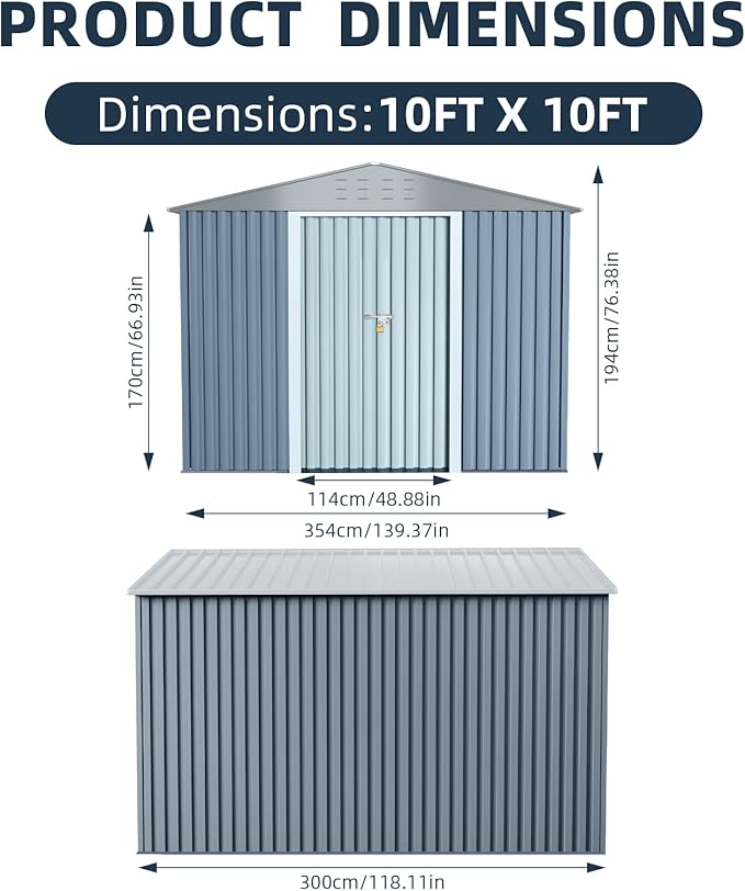 10x10FT Outdoor Metal Storage Shed, Lockable Weatherproof Garden Shed for Tools & Equipment, Durable Galvanized Steel with Sloping Roof & Ventilation, Ideal for Backyard, Patio & Garage Storage, Grey