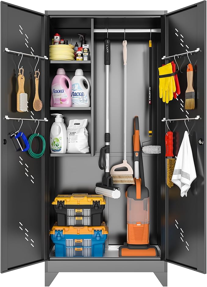 75" Metal Storage Cabinet, Tall Broom Cabinet, Garage Cabinets with Locking Doors, Black Outdoor Utility Broom Closet Storage Cabinets for Office, Bathroom, Warehouses