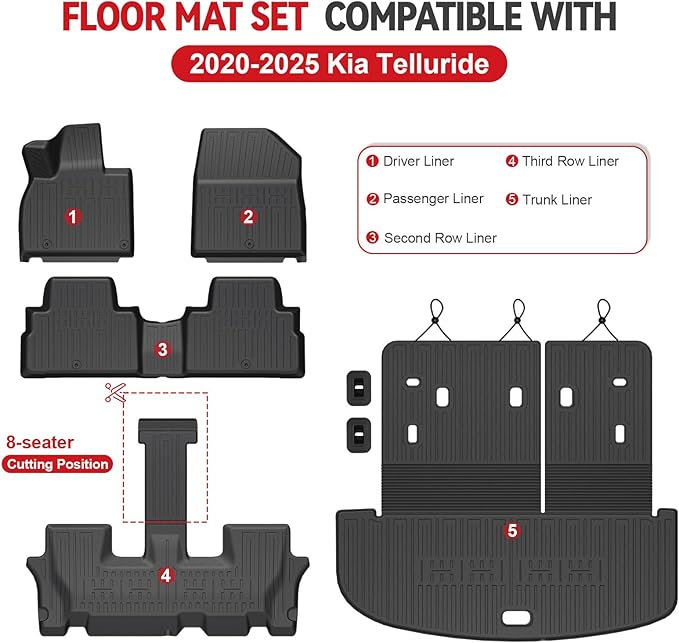 Floor Mats for Kia Telluride 2020-2024 2025 7-seat/8-seat Trunk Mat with Backrest Mat, All Weather TPE Cargo Liner Back Seat Cover Protector for 2025 Kia Telluride Car Accessories