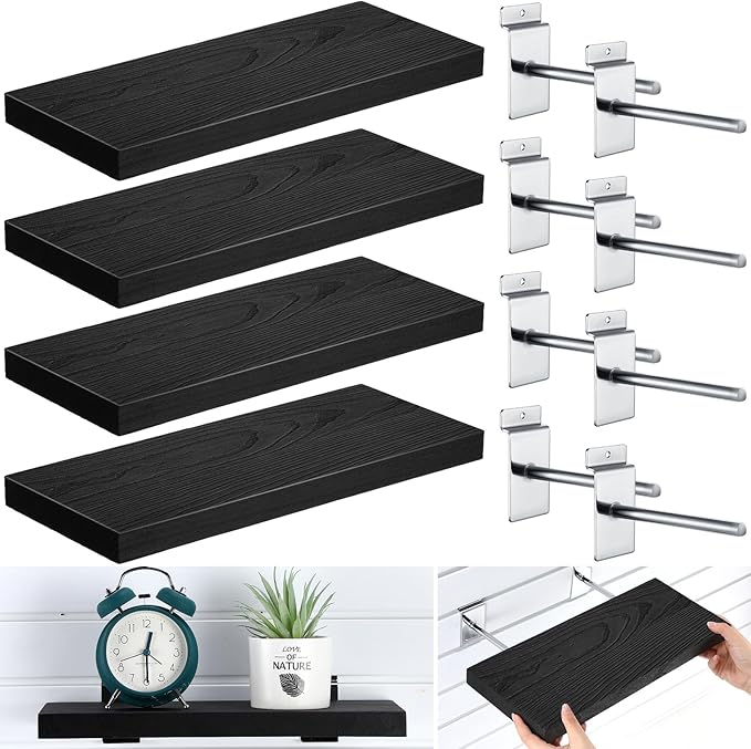 4 Pack Wooden Slatwall Shelf, 16.1" D x 6.7" W x 1.1" H Slatwall Shelves with Metal Hooks Organizer Set Mounted Accessories for Garage Home Workshop Workbench
